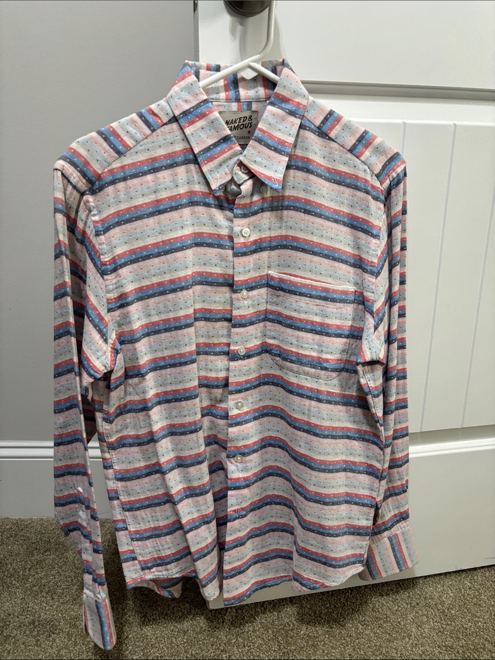 Naked & Famous Striped Button-Down Shirt in Blue, Red & White